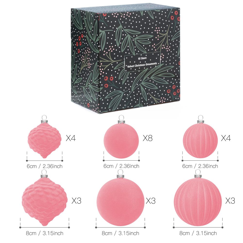 KI Store Rose Pink Velvet Christmas Baubles 25pcs Shatterproof Flocked Christmas Tree Ornaments 80mm 60mm Assorted for Xmas Tree Decorations - Image 2
