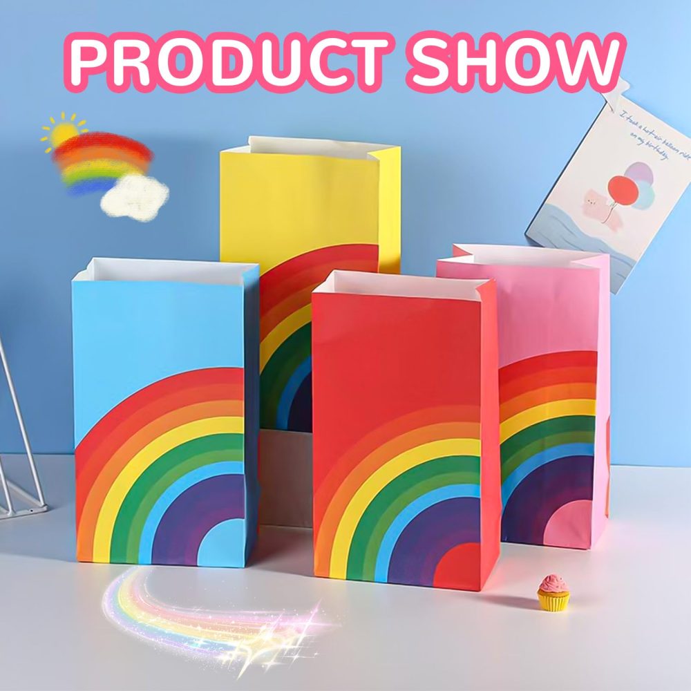 12 Pieces Rainbow Goody Bags with Sticker, Reusable Rainbow Stripe Paper Bags, Rainbow Sweet Treat Kraft Bags, Multi-Color Flat Bottom Paper Bags, Kraft Gift Bags for Baby Baptism Wedding Party - Image 3