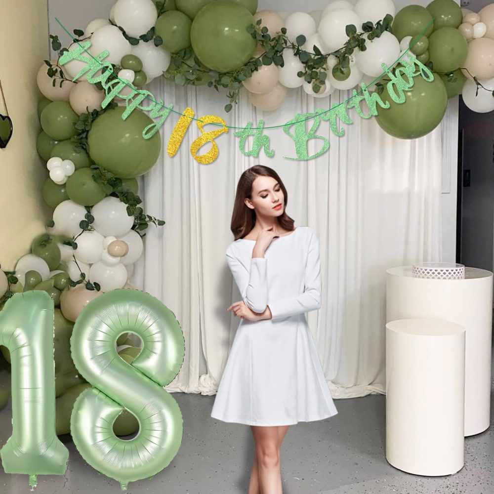 Happy 18th BirthdayBanner - Sage Green 18th Birthday Decorations Glitter Happy 18 Years Old Garland, Foil 18 Balloon Numbers for Girls Boys Sage Green Birthday Decorations 18th Birthday Party Supplies - Image 7