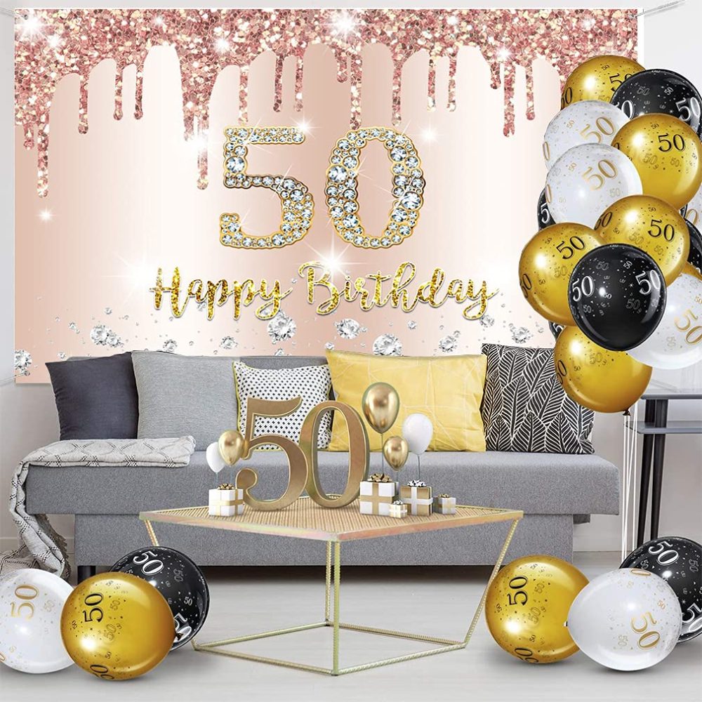 Happy 50th Birthday Party Decoration Backdrop Banner for Women Happy 50 Years Old Fabric Sign Poster, Glitter Rosegold Photo Background 50th Birthday Decorations Party Supplies, 150x90cm - Image 3
