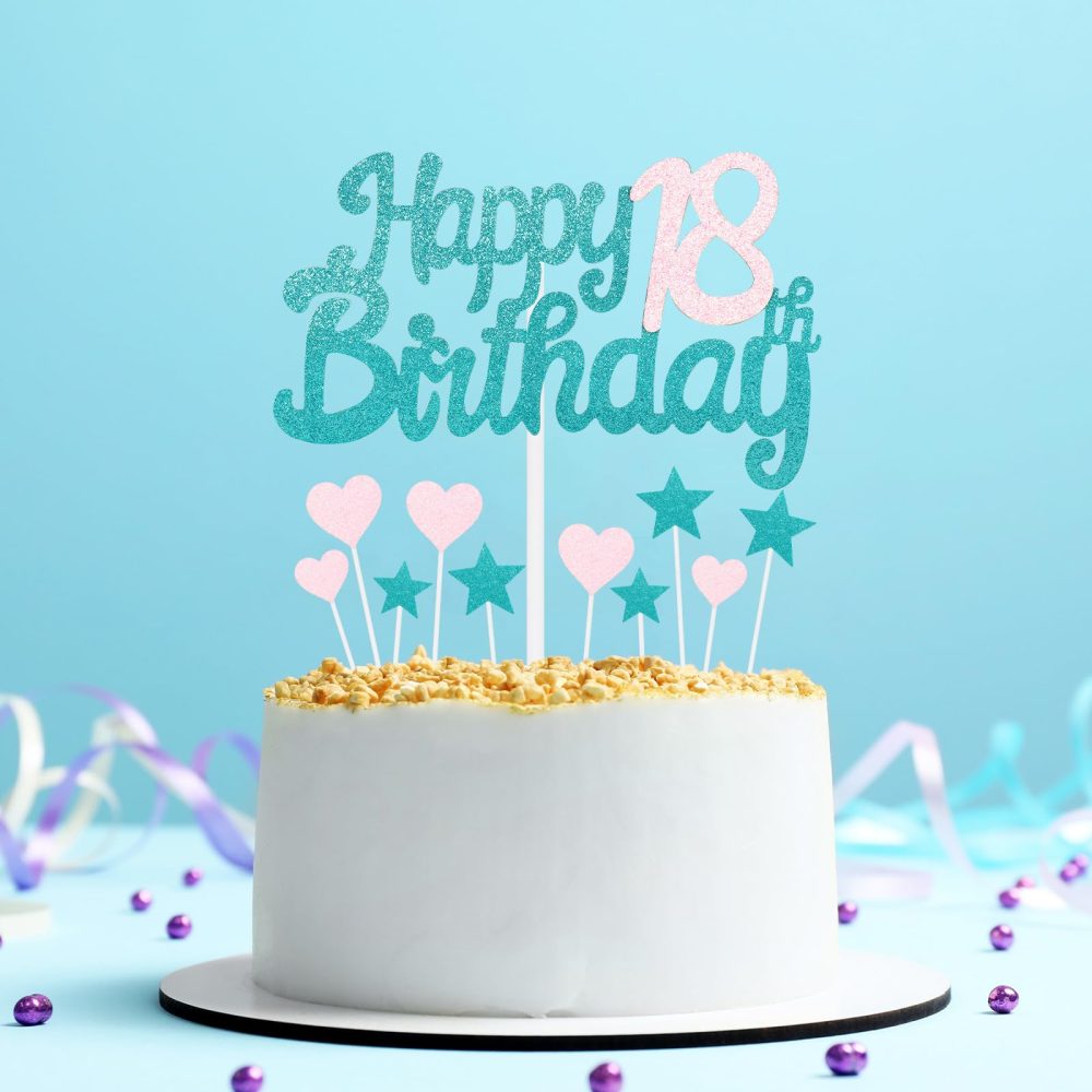Blue Pink 18th Birthday Cake Topper, Girls 18th Birthday Decorations, Glitter Heart Stars Cake Toppers, Personalised Happy Birthday Cake Cupcake Toppers for Women Girls Baby Birthday Party Supplies - Image 5