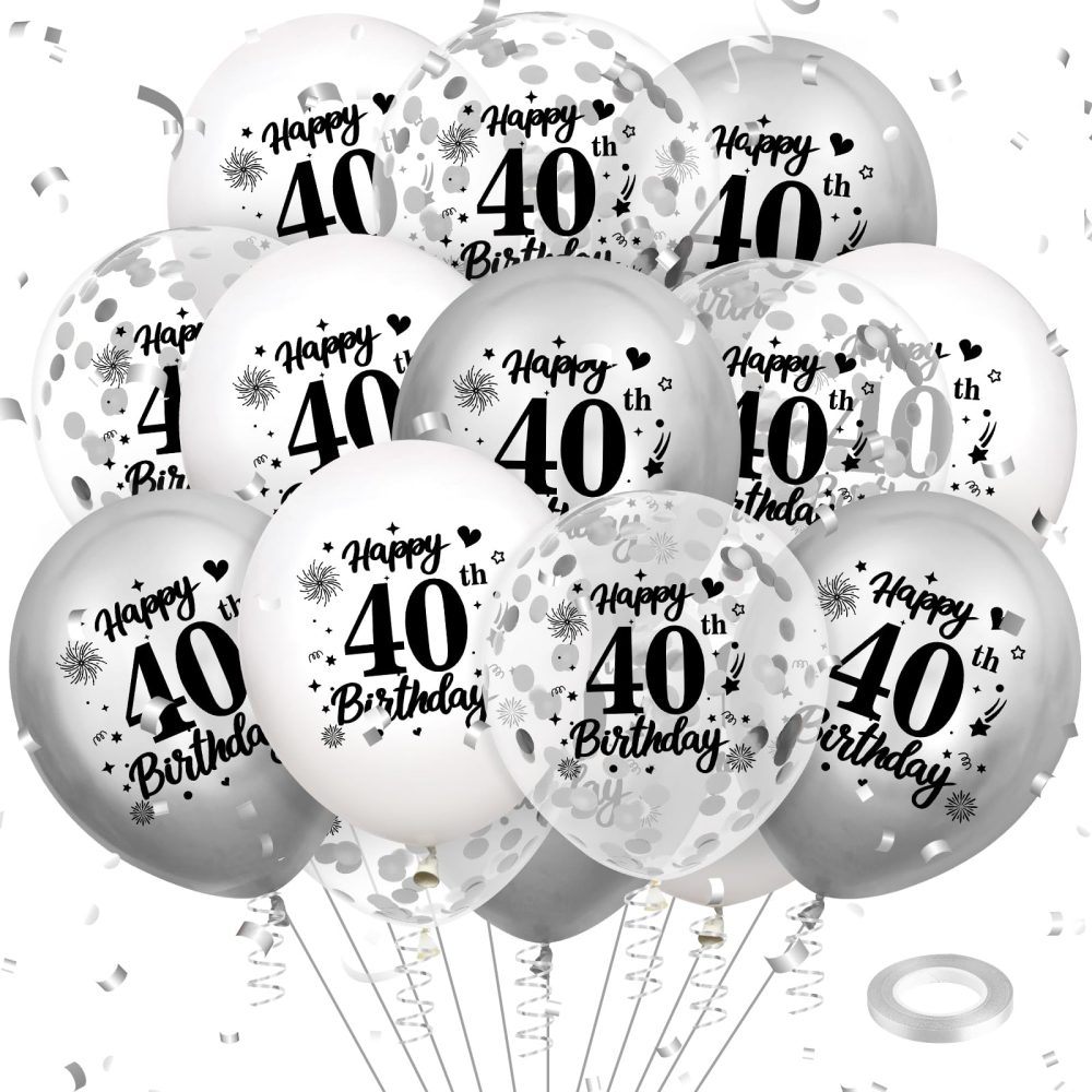 40th Birthday Balloons Decorations White Silver 18pcs Happy 40th Birthday Party Confetti Balloons Latex for Women Men Happy 40th Birthday Anniversary Party Supplies Decor 12 inches Indoor Outdoor