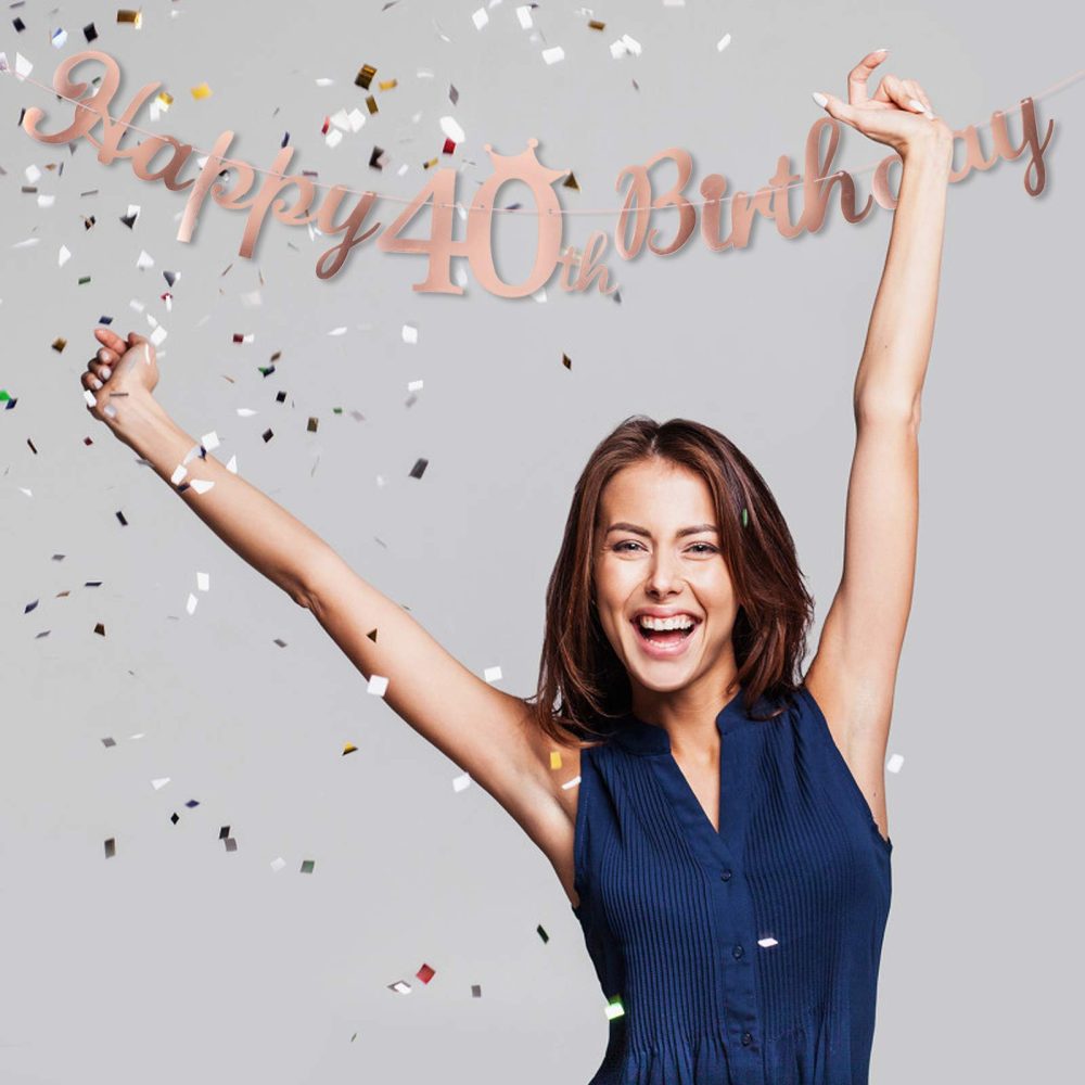 Happy 40th Birthday Banner Crown Garlands Backdrop Bunting Forty Years Old Anniversary Photo Booth Background DIY Party Decoration Supplies for Boys or Girls Living Room (Rose Gold) - Image 2