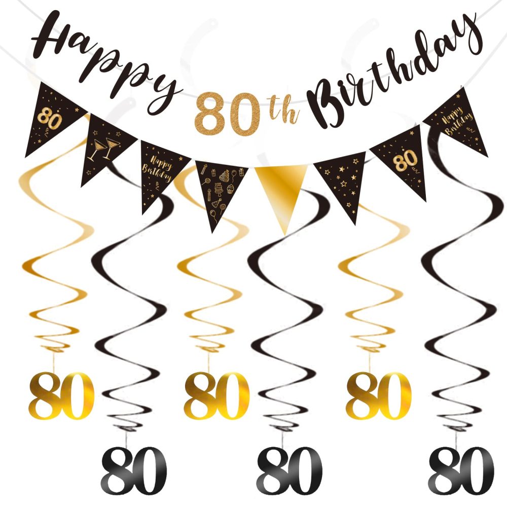 SZHUIHER 80th Birthday Decoration Kit, Happy 80th Birthday Banner Bunting Swirls Streamers, Triangle Flag Banner for Birthday Party Decorations Supplies Black and Gold 80th