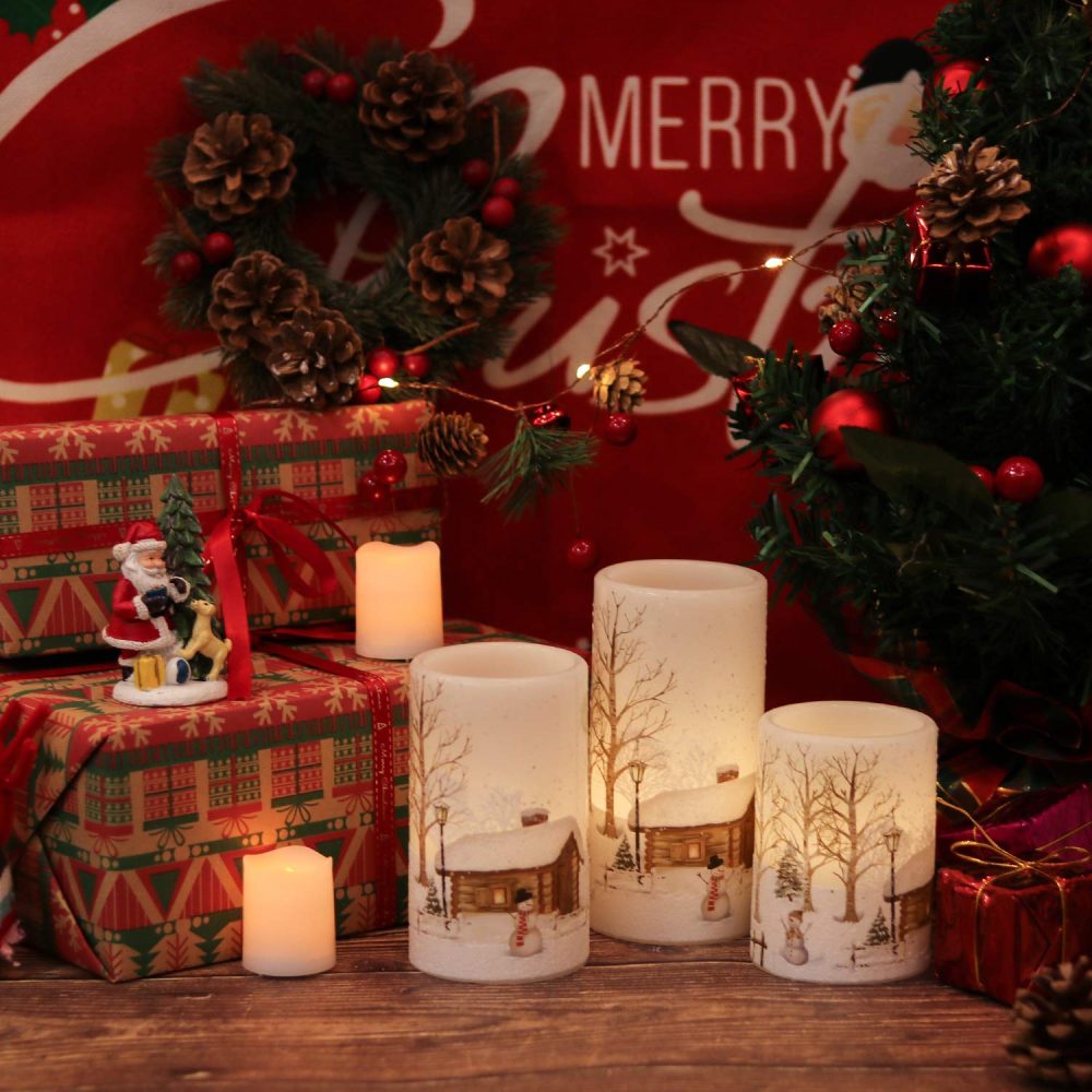 Eldnacele Christmas Flameless Candles Flickering with 6H Timer, 3 Pack Snow Scene Snowman Decal Real Wax Candles Lights LED Flames for Christmas Home Decoration Powered by 2 AA Batteries - Image 6