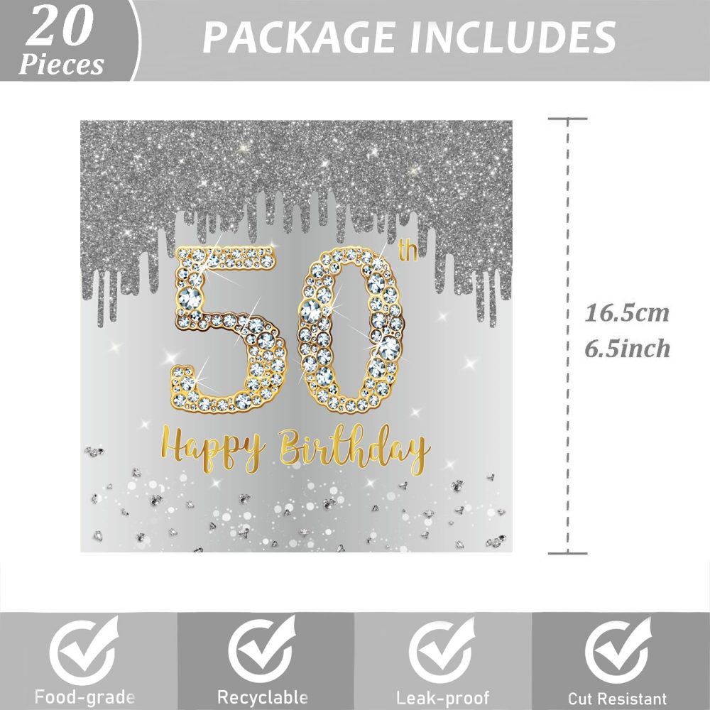 20Pcs 50th Birthday Silver Paper Napkins,50th Grey Silver Men Women Birthday Party Serviettes,Happy 50th Birthday Tableware Decoration for Women,Men,Him,Her 50th Birthday Gifts Party Supplies - Image 5
