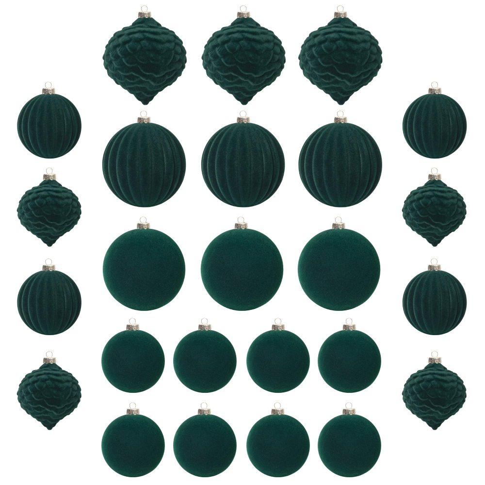 KI Store Dark Green Velvet Christmas Baubles 25pcs Shatterproof Flocked Christmas Tree Ornaments Assorted for Xmas Tree Decorations