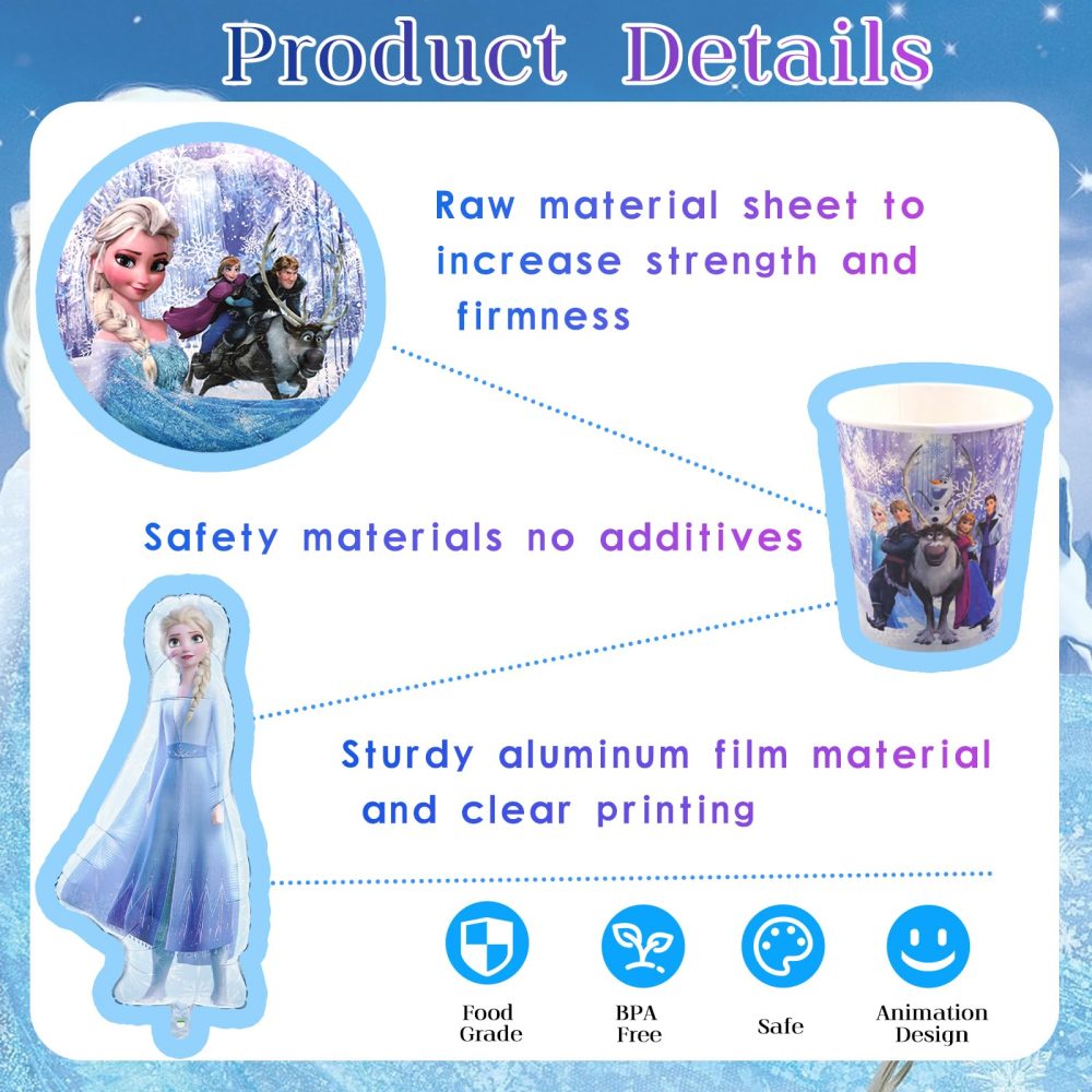 Frozen Birthday Party Decorations, 83 PCS Dreamly Frozen Birthday Party Supplies Set Include Birthday Banner, Balloons, Cake Toppers, Cupcake Toppers, Tablecloth, Cups, Plates and Napkins - Image 3