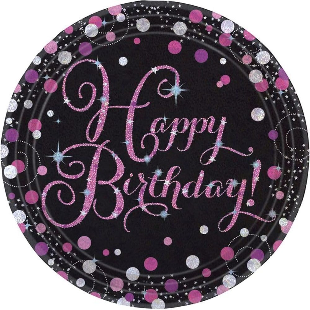 amscan 9900571-66 - Pink Sparkling Celebration Happy Birthday Party Paper Plates - 8 Pack