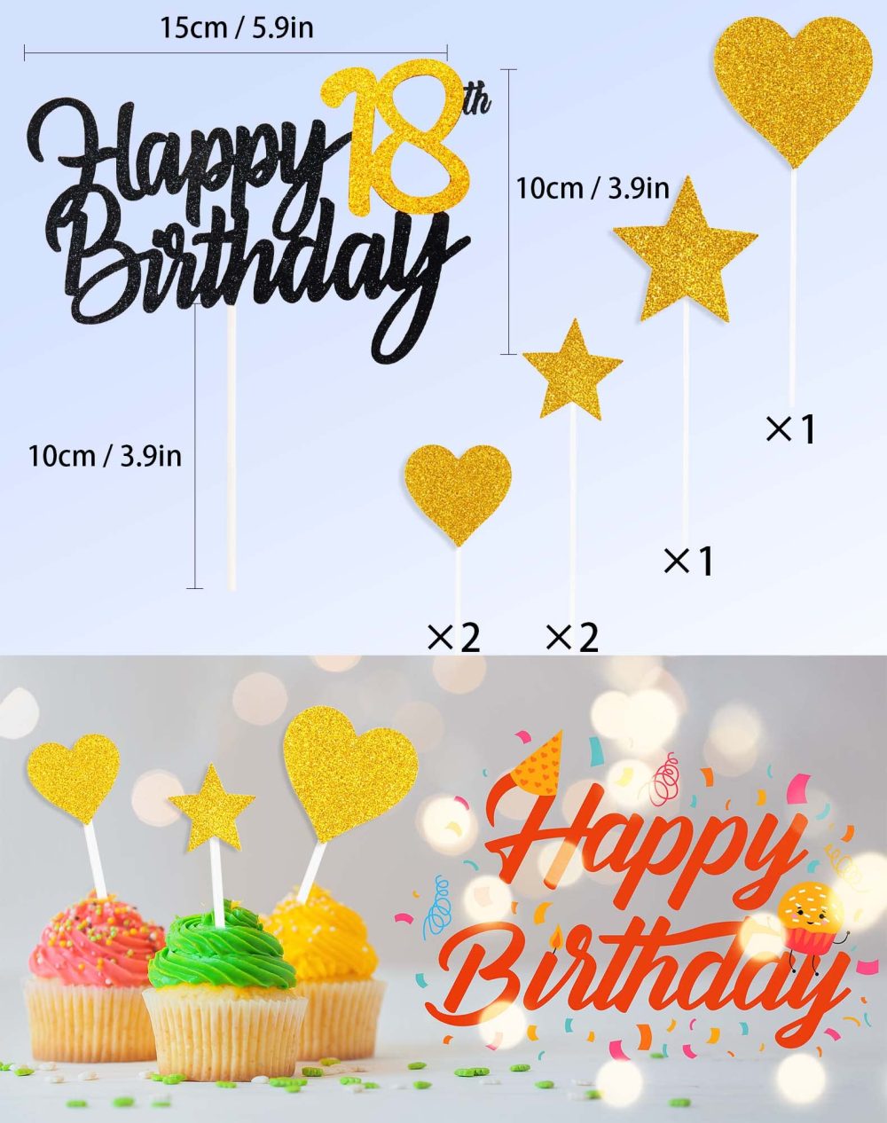 Personalised Black Gold Happy 80th Birthday Cake Topper with Gold Number 80 Birthday Candles Heart Star Cupcake Toppers Cake Decorations Set for Her Him Men Women 80th Birthday Anniversary - Pack of 9 - Image 6