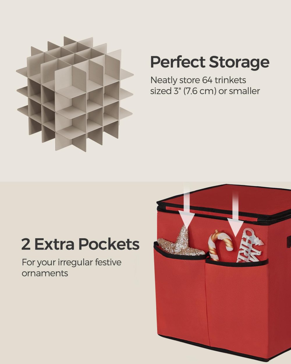SONGMICS Christmas Decoration Storage Box, 7.6 cm 64 Slots, Stackable Christmas Bauble Storage Box with Lid, Dual Zippers, Adjustable Dividers, Non-Woven Fabric, Cherry Red RFB036R01 - Image 6
