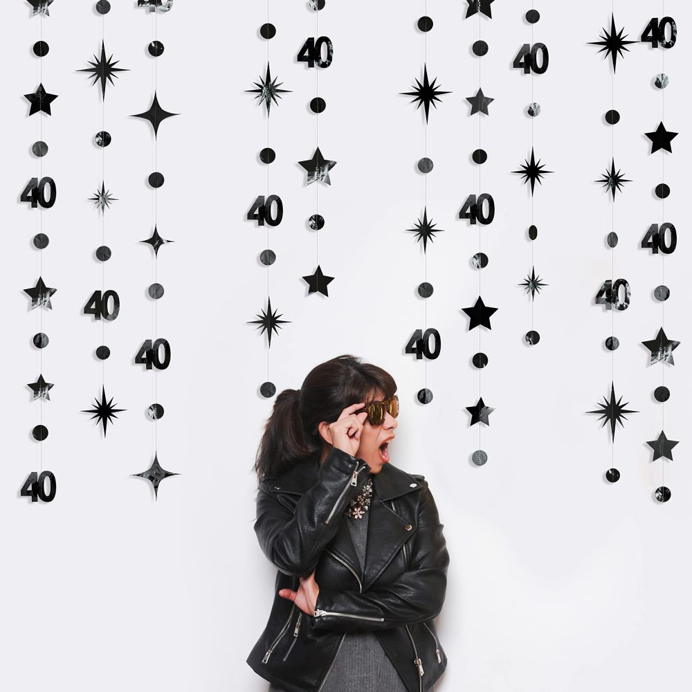 Black 40th Birthday Decorations Number 40 Circle Dot Twinkle Star Garland Metallic Hanging Streamer Bunting Banner Backdrop for Women Mens 40 Year Old Birthday Forty Anniversary Party Supplies - Image 3