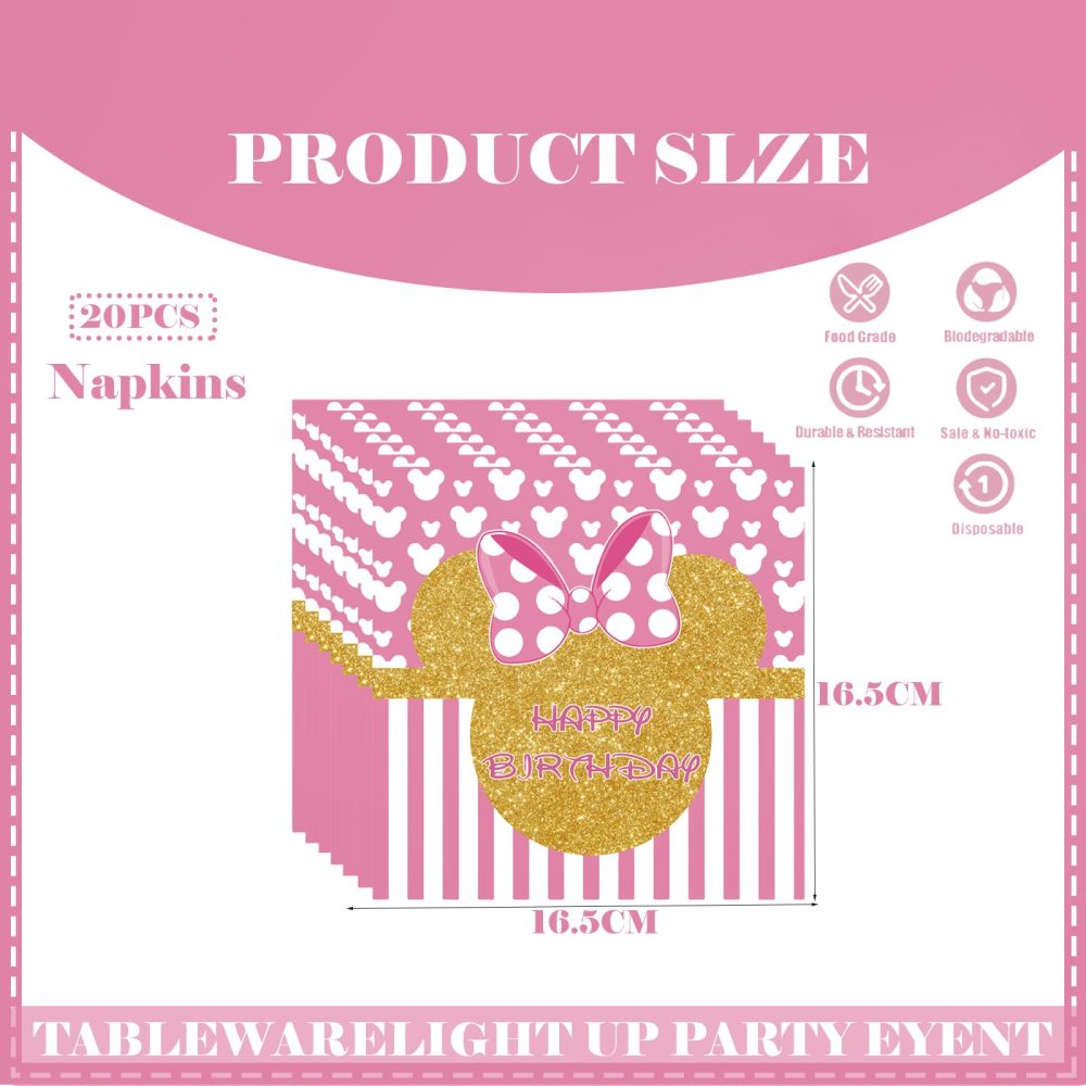 20pcs Pink and Gold Minnie Mouse Paper Napkins for Girls Birthday Party,Girl Birthday Napkin Minnie Serviette Tissue Cocktail Dinner Napkins for Kids Baby Shower Minnie Theme Birthday Party Decoration - Image 7