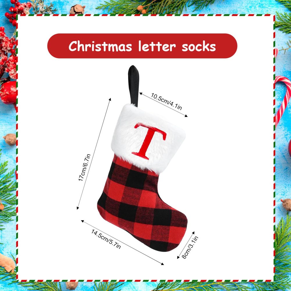 Christmas Stockings 7inch Personalised Xmas Stockings Red Scotland Plaid Classic Christmas Stockings with Letters Faux Fur Plush Cuff Hanging Stockings for Xmas Decor Tree Decoration (T) - Image 6