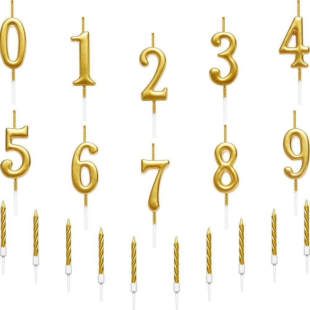 BBTO 10 Pieces Birthday Cake Numeral Candles Number 0-9 Glitter Cake Topper Decoration and 10 Pieces Spiral Cake Candles with Holders for Birthday Wedding Cake Decorations, Total 20 Pieces (Gold)