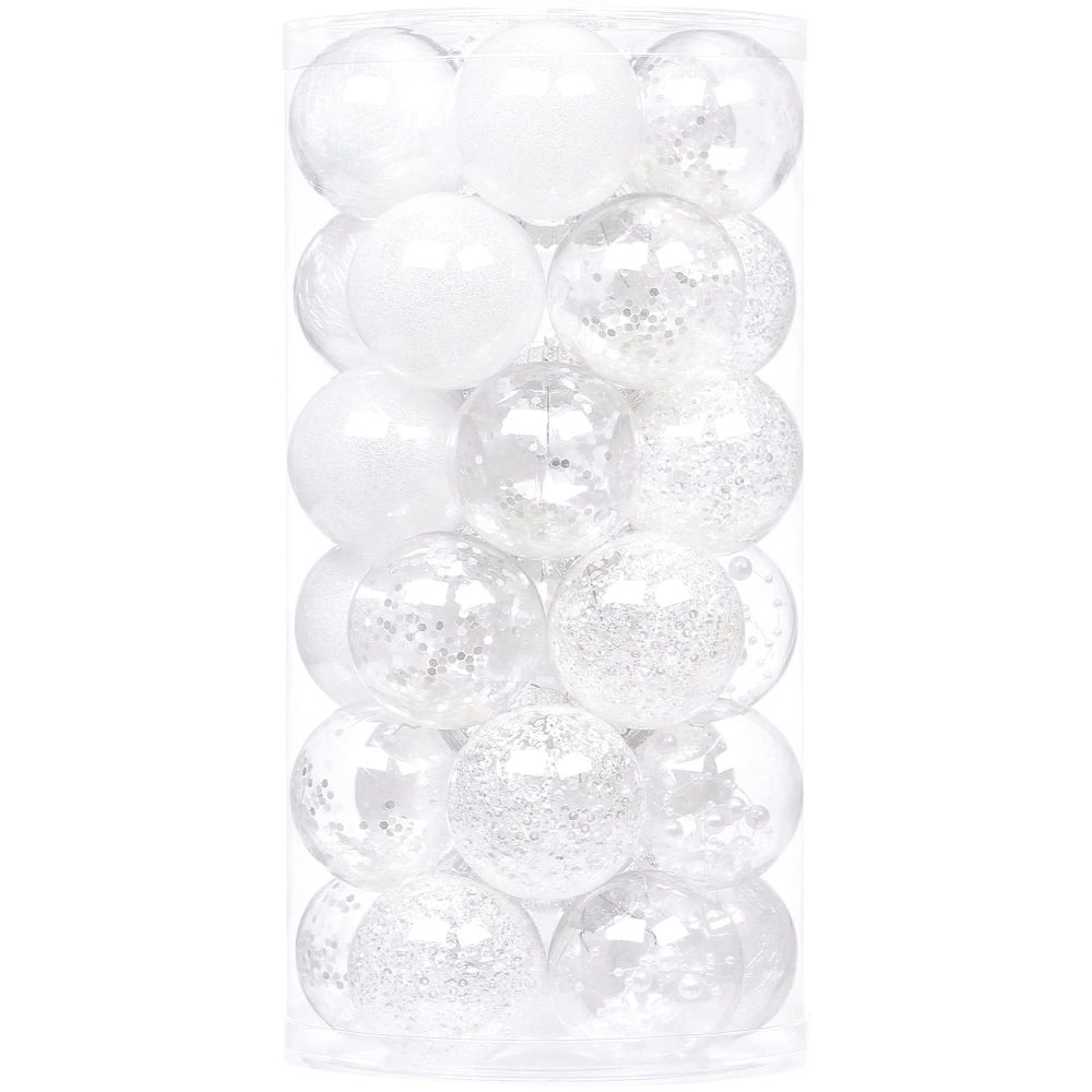 Sea Team 60mm/2.36" Shatterproof Clear Plastic Christmas Ball Ornaments Decorative Xmas Balls Baubles Set with Stuffed Delicate Decorations (30 Counts, White)