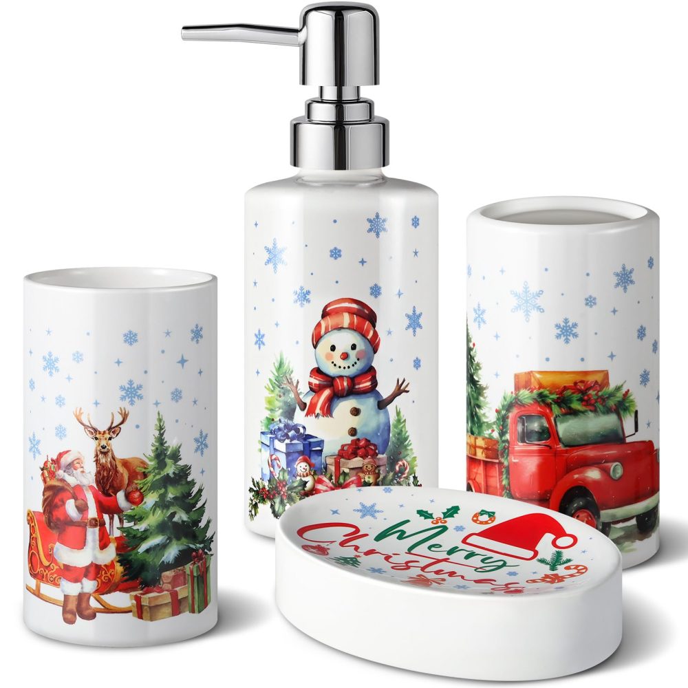 Christmas Bathroom Decor Sets of 4 Bathroom Accessories Sets Complete Christmas Snowman Merry Christmas Toothbrush Holder Soap Dispenser Soap Dish Bathroom Tumbler (Christmas)