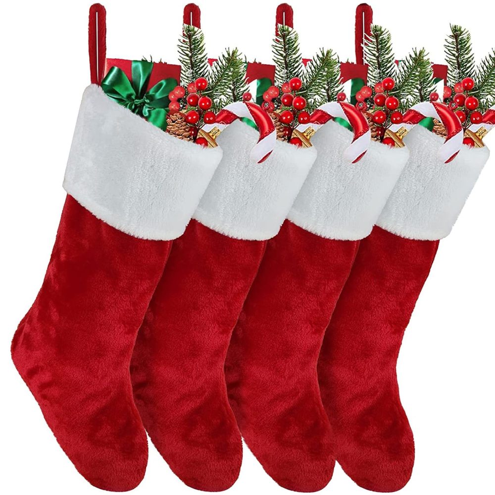 Christmas Stocking Set of 4,Plush Xmas Stockings,Personalised Christmas Stockings,Velvet Effect Stockings Christmas,Hanging Sock Candy Gift Bags for Family Christmas Holiday Decoration