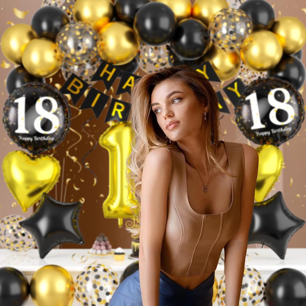 Black and Gold 18th Birthday Decorations, 18th Birthday Balloons Gold and Black 18th Party Decorations with Black Gold Balloons Happy Birthday Banner Cake Topper for Boys Girls 18th Birthday Supplies - Image 2