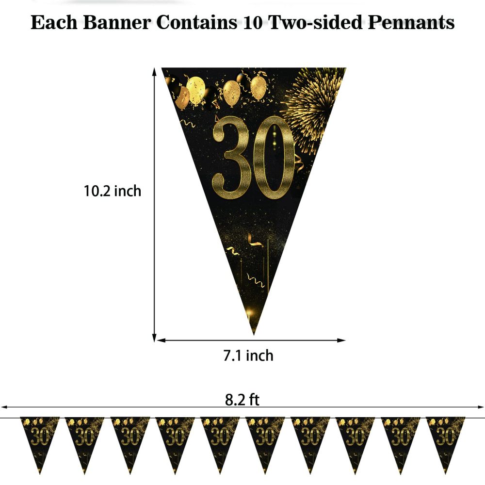30th Happy Birthday Banner Bunting Flags 40 Pieces Gold and Black Glitter Birthday Anniversary Theme Party Decoration Supplies - Image 7
