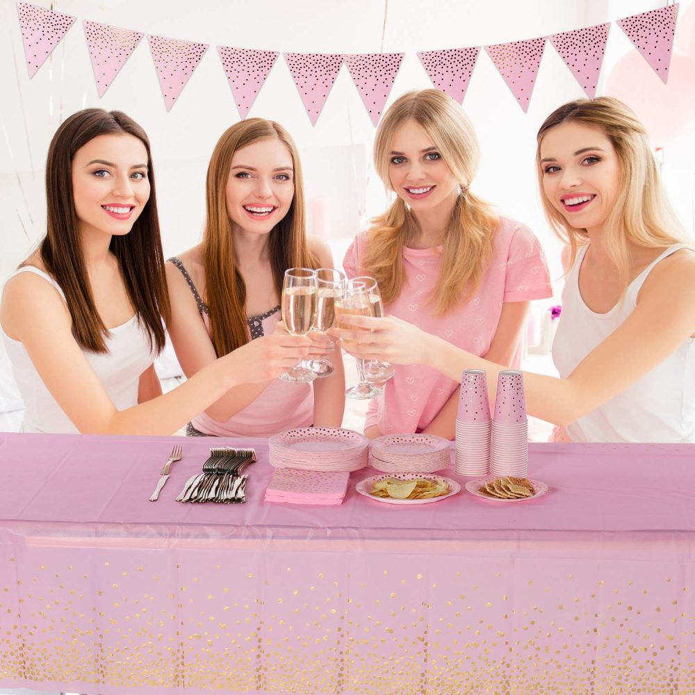 2 Pack Pink and Gold Party Tablecloth for Rectangle Table, Gold Dot Confetti Rectangular Table Cover, for Birthday Party, Bachelorette, Girl Birthday and Baby Shower, Bridal Shower, 137cm x 274cm - Image 3