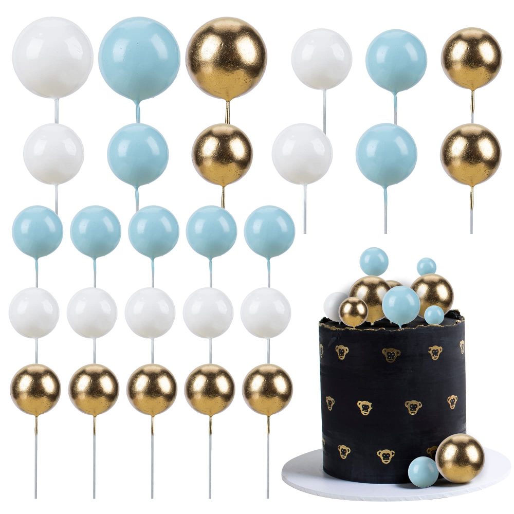 Gyufise 30Pcs Ball Cake Topper Ball Cake Picks Colorful Pearl Ball Shaped Cupcake Insert Cake Topper for Bear Theme Birthday Party Favors Wedding Decoration Supplies Blue White Gold