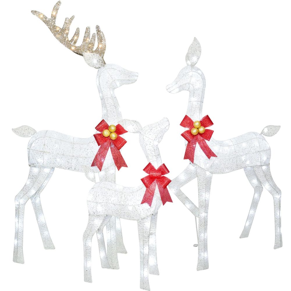 HOYECHI Lighted Christmas Decoration Deer 3 Piece, Light up Christmas Decor Reindeer Family Set for Indoor Outdoor Front Yard Porch with LED Lights, Plug, Extension Cord, Ground Stakes - White