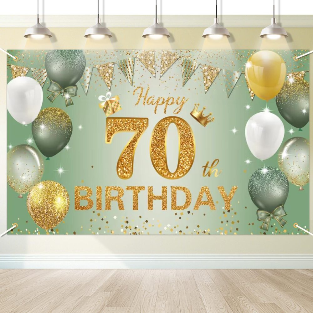 Moorle 70th Birthday Banner Decorations, Large Sage Green Gold Happy 70th Birthday Banner, 70th Birthday Backdrop Banner for Women Men, Shiny 70th Birthday Anniversary Photo Booth Background 180×110cm