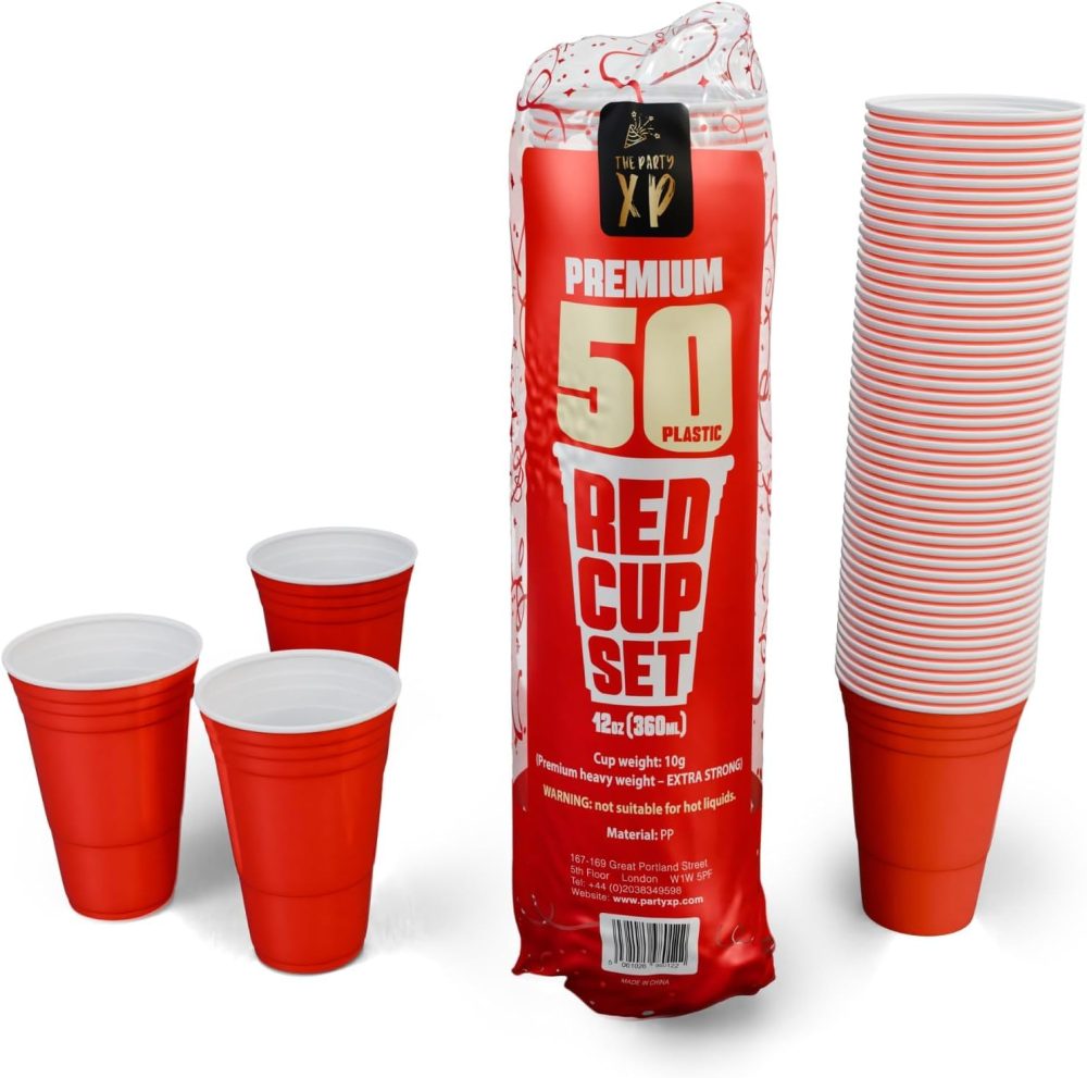 The Party XP Premium 50 Plastic Red Cup Set (12oz) – Reusable American Style Red Party Cups for All Occasions and Business – Red Plastic Cups for BBQs, Weddings, Picnics, and Events - Solo Cups