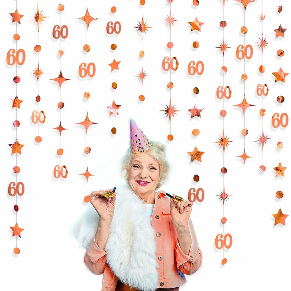 pinkblume Rose Gold 60th Birthday Decorations Number 60 Circle Dot Star Garland Metallic Hanging Streamer Bunting Banner Backdrop 60 Year Old Happy Birthday 60th Anniversary Sixty Party Supplies - Image 4
