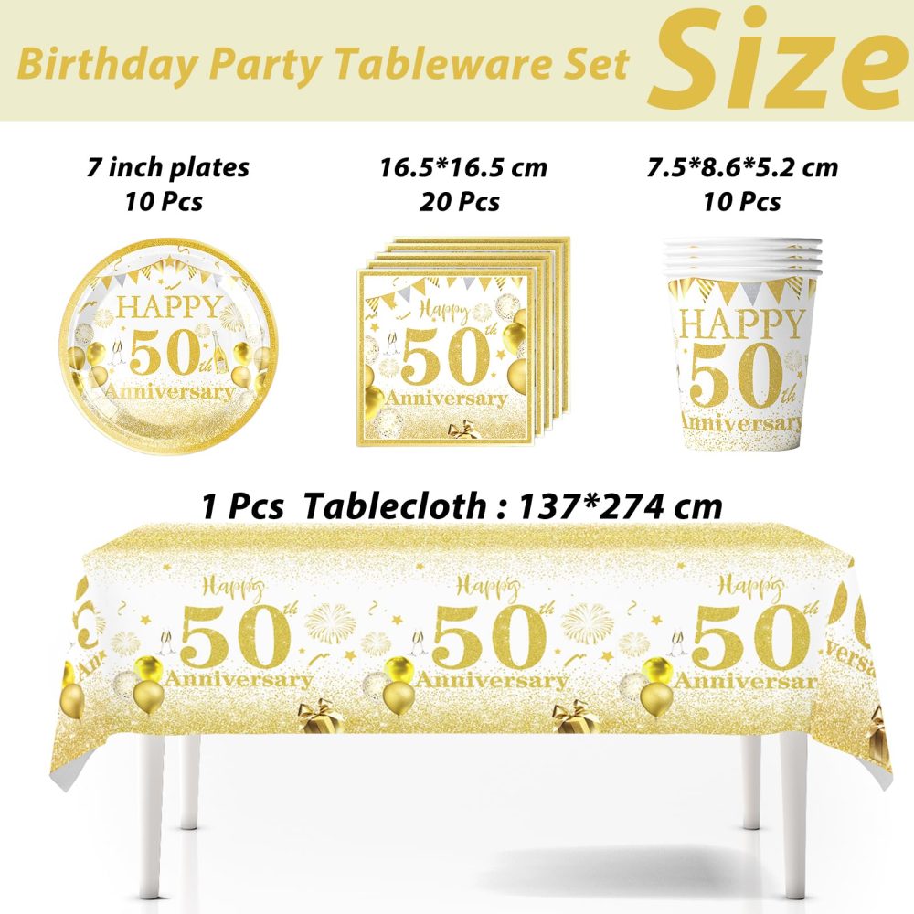 41Pcs White Gold Happy 50th Birthday Party Tableware Set Plastic Table Cloth,Paper Plates Napkins 50th Birthday Table Decorations Disposable Tableware Kit for Men Women 50th Birthday Decorations - Image 2