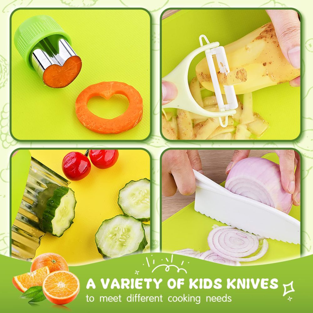 Tyrkuiy 13 Pieces Wooden Kids Kitchen Knifes-Toddler Safe Knives Set for Real Cooking with Plastic Knives/Crinkle Cutter/Kids Cutting Board/Y-Peeler/Fruit Cutters Shapes - Image 4