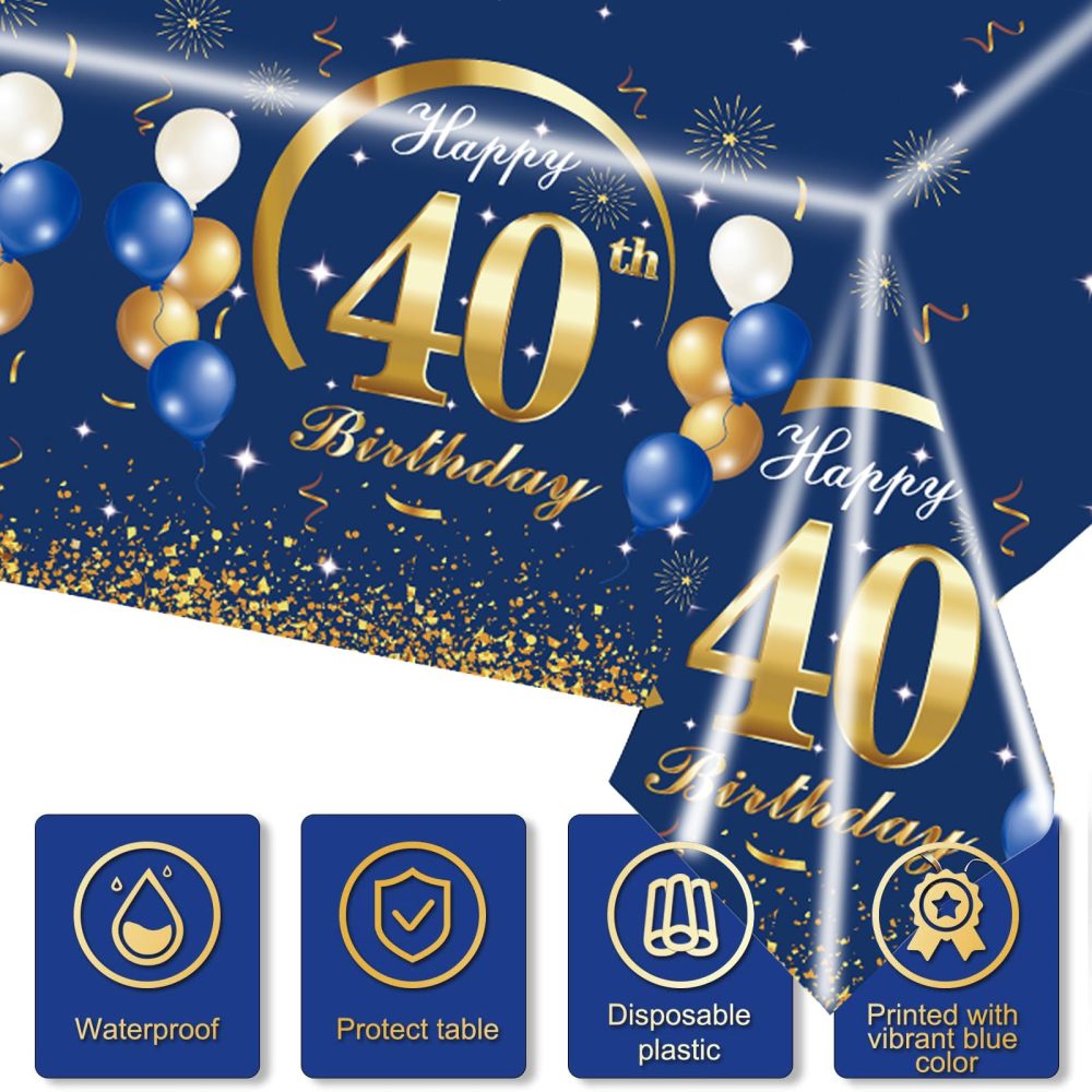 MORAINJAY Birthday Tablecloth for 40,Navy Blue Table Cloth for 40th Birthday Party,137x274cm Table Cover,Rectangular Waterproof Tablecloth for Men,Women, Birthday Party Supplies Table Decor - Image 4
