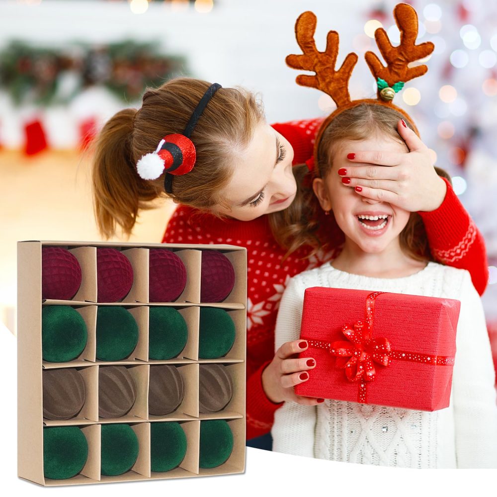Miaikoe 16 Pcs Velvet Christmas Balls Hanging Ornaments Set, Pre-tied Shatterproof Plastic Flocked Christmas Balls Xmas Decorations Festival Holiday Party Decor (Brown,Red,Green,6CM) - Image 2