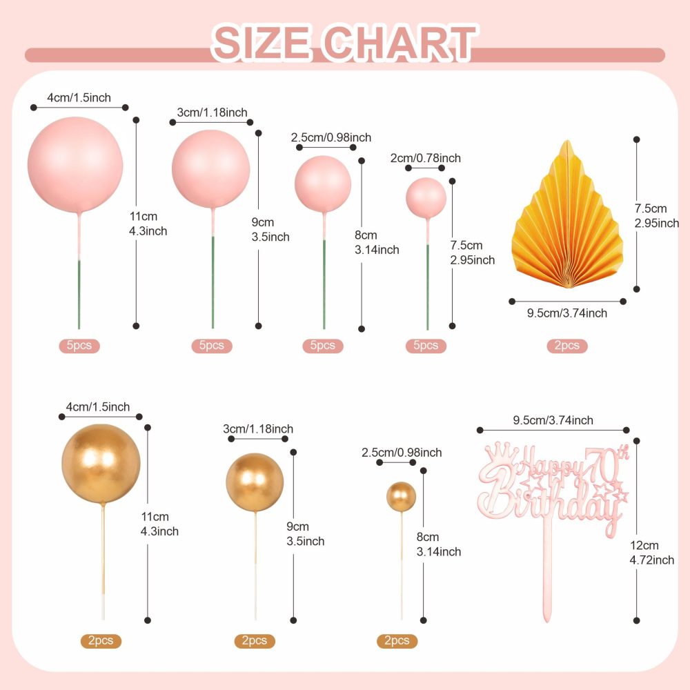 29Pcs Acrylic 70th Birthday Cake Toppers,Pink and Gold Foam Balls Cake Decorations, 70th Acrylic Cake Topper Rose, DIY Mini Balloons Stick Cake Cupcake Toppers for 70th Birthday Party Cake Decoration - Image 6