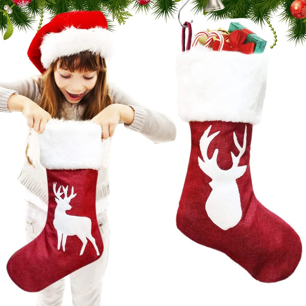 Christmas Stockings Set of 2, 18" White Reindeer Large Christmas Stocking Personalised for Adults Kids, Hanging Gift Bag Socks Ornaments Red Xmas Stockings for Christmas Fireplace Tree Decorations