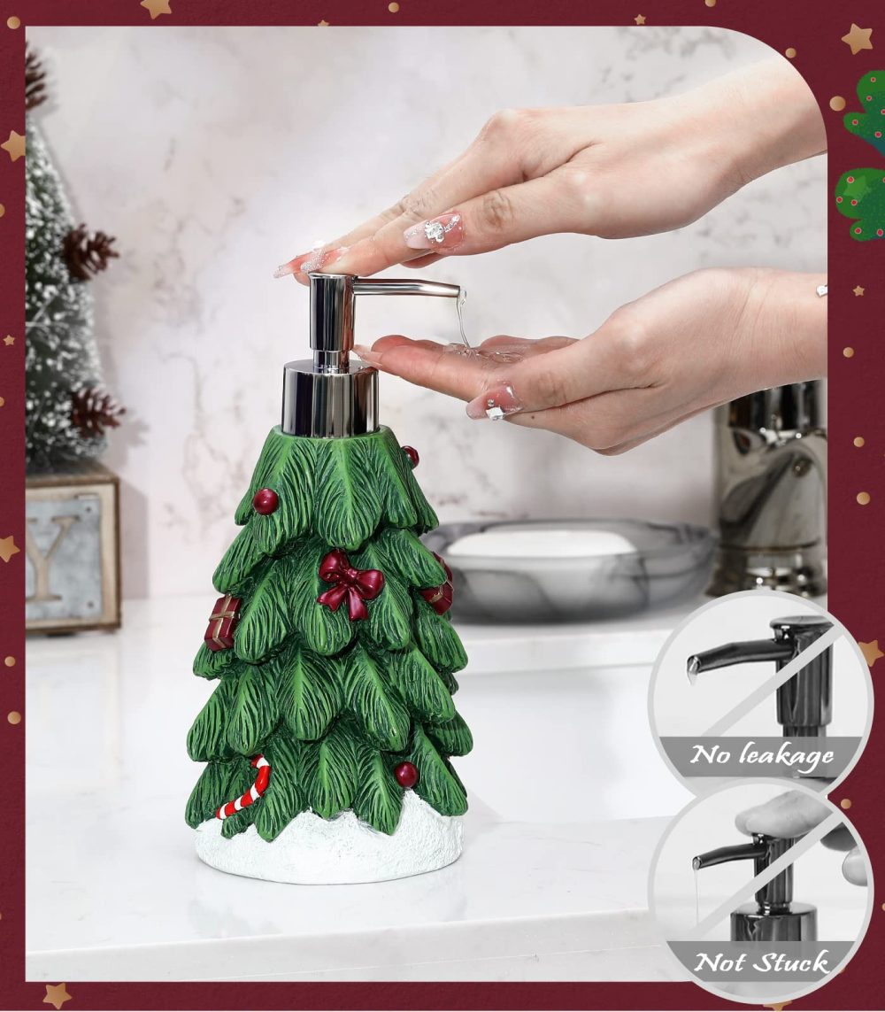 Emibele Christmas Tree Lotion Dispenser, Resin Hand Soap Shampoo Shower Gel Dispenser Bottle, Refillable leak Proof Decorative Pump Bottle for Bathroom Kitchen Countertop 13.5oz/400ml, Green - Image 5