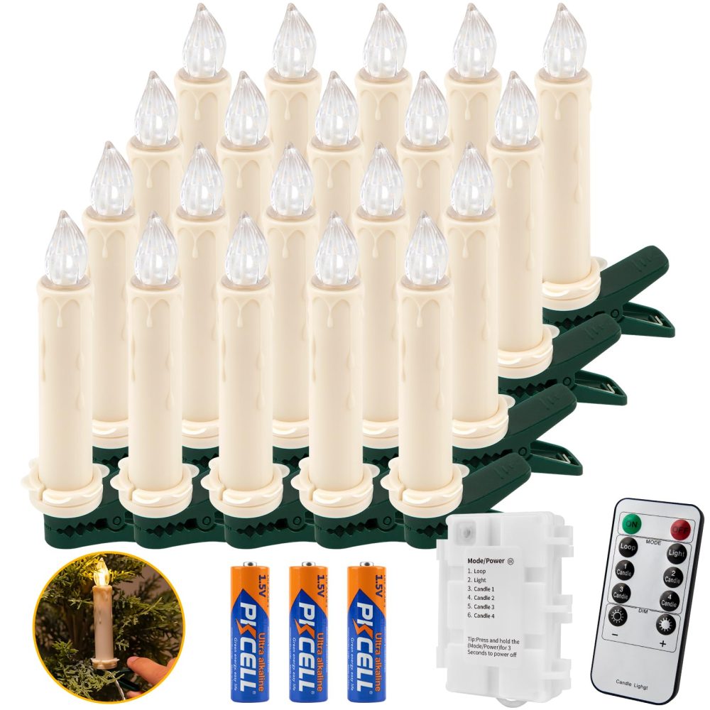 Koopower 20 LED Candles with Timer, Batteries and Remote Control on 10 m IP65 Waterproof Transparent Cable, Dimmable Candle Fairy Lights for Christmas Tree, Wedding, Party, Warm White