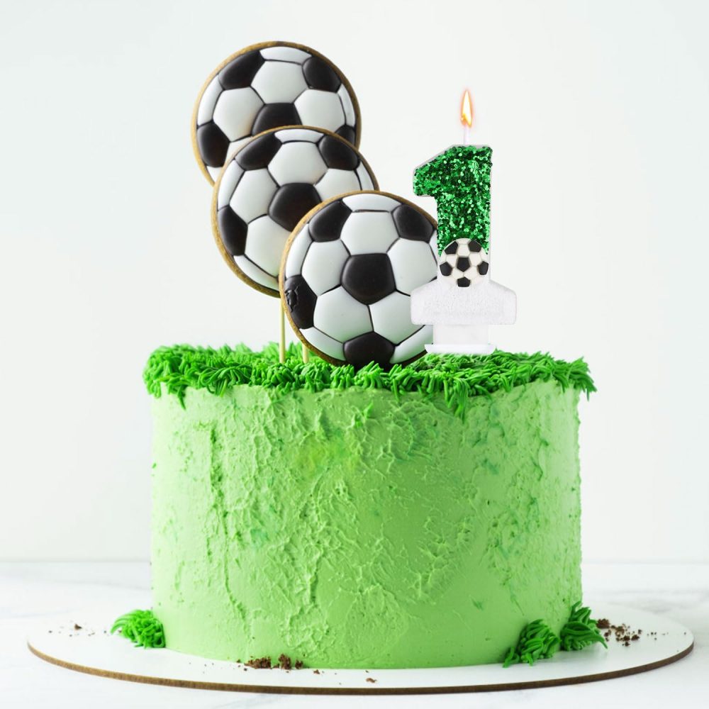 Football Candle, White Green Soccer Cake Topper Happy Birthday Number Cake Candle Sparkling Sequins Soccer Football Theme Birthday Party Decorations Celebrations Supplies (Number 7) - Image 2
