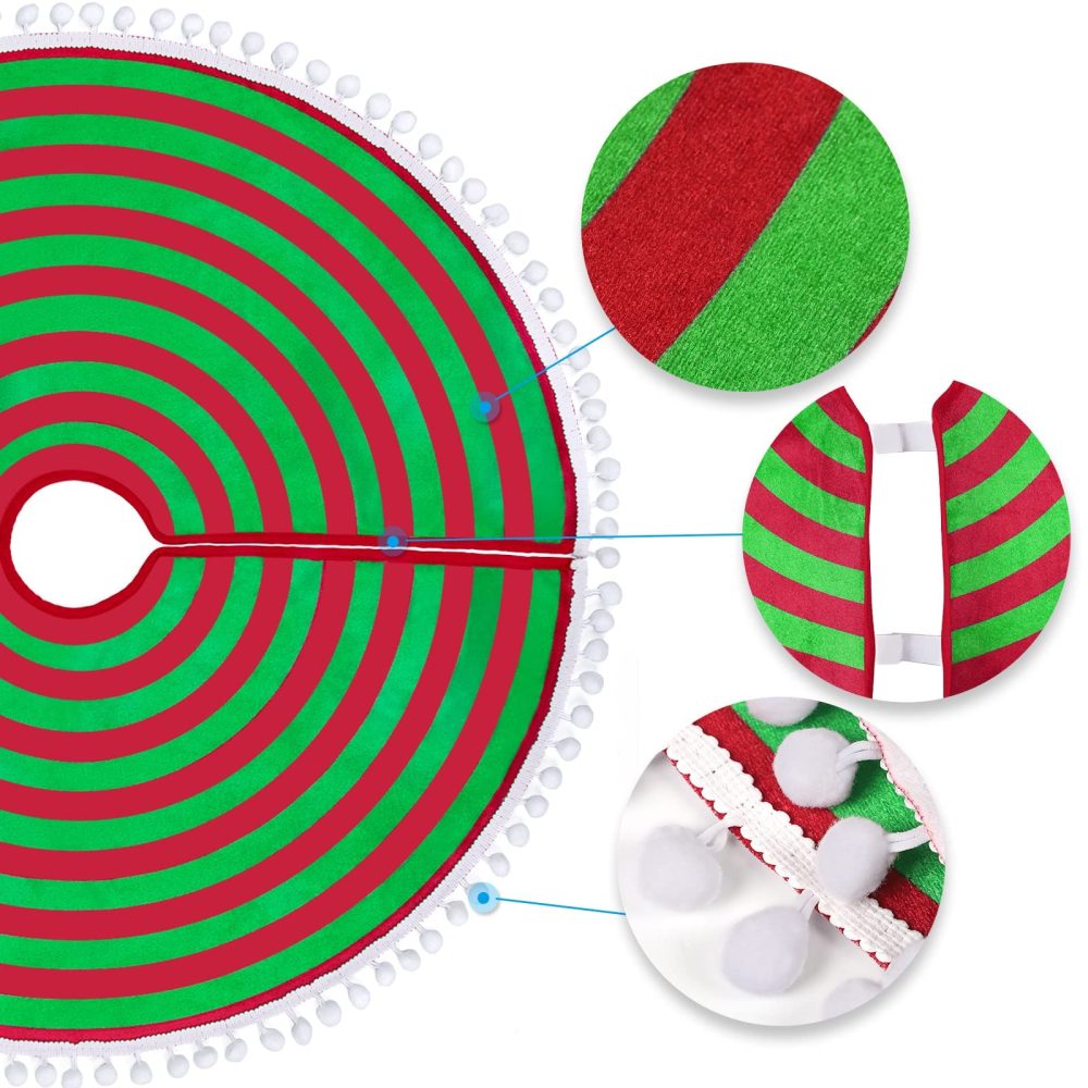 MACTING Christmas Tree Skirt, 30 Inches Red and Green Stripes Tree Skirt with Small Pom Poms Edge for Xmas Tree Christmas Decoration - Image 5