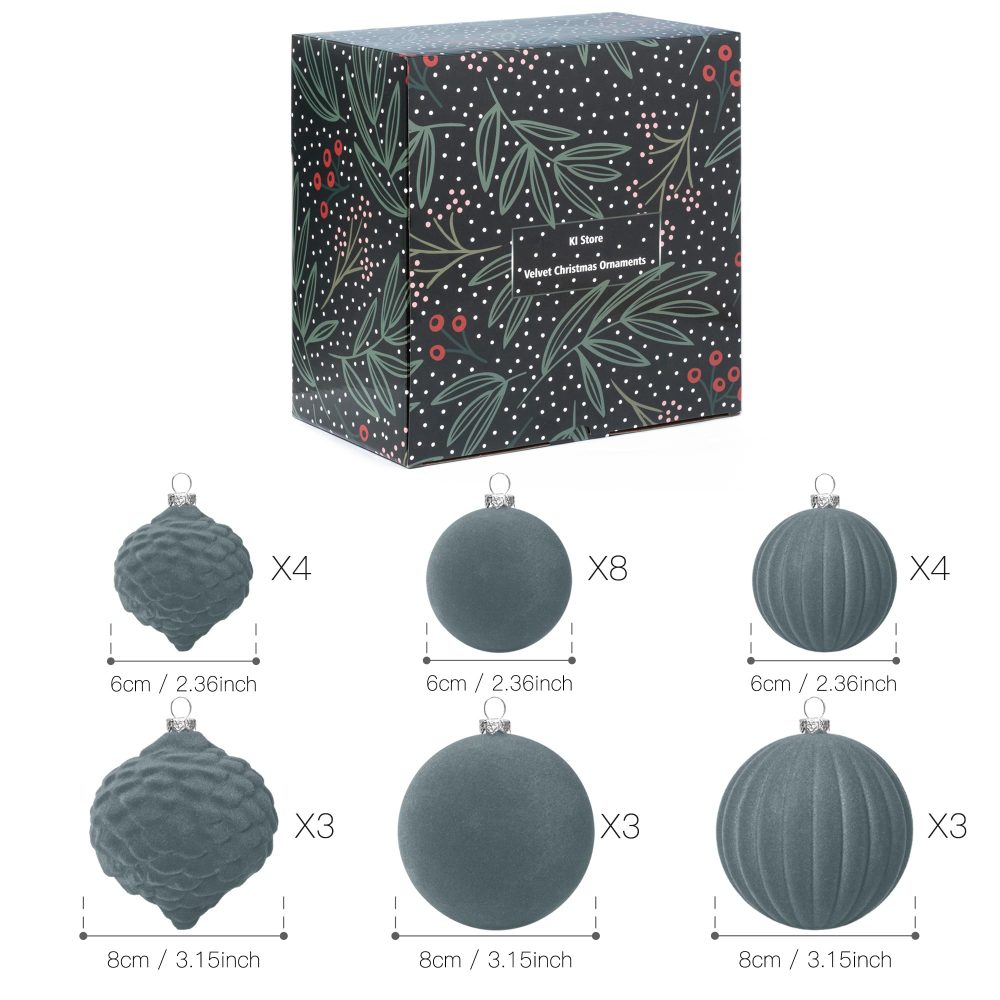 KI Store Grey Velvet Christmas Baubles 25pcs Shatterproof Flocked Christmas Tree Ornaments Assorted for Xmas Tree Decorations - Image 2