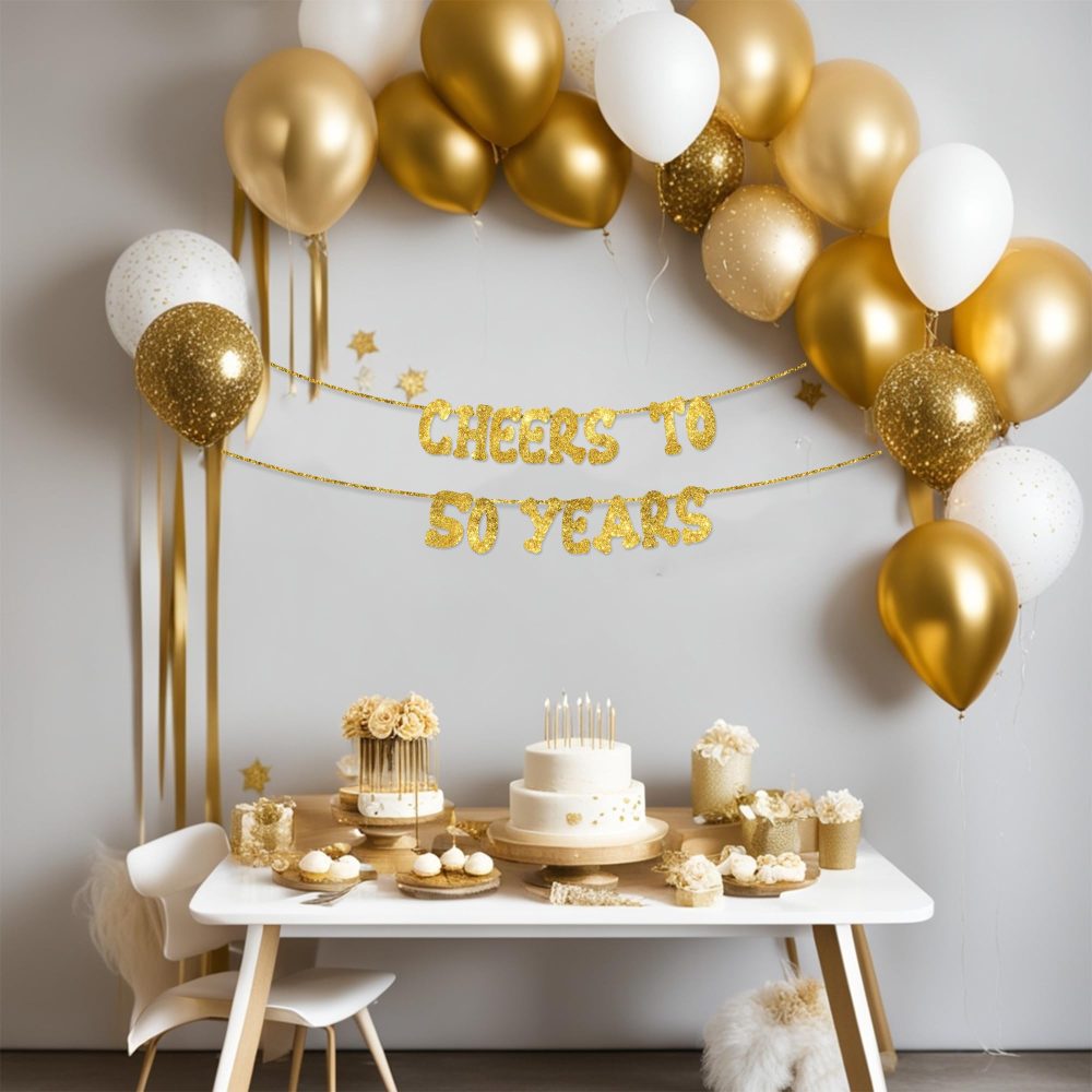 Cheers to 50 Years - Happy 50th Birthday Party Glitter Banner - 50th Birthday Party Decorations and Supplies - 50th Wedding Anniversary Decorations, Pre-strung - No DIY required - Image 4
