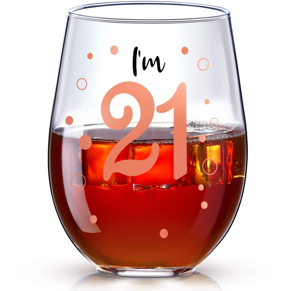 21st Birthday Wine Glass Rose Gold I'm 21 Wine Glass Funny Birthday Present for Girls 21st Birthday Decorations Party Supplies, 17 oz Stemless