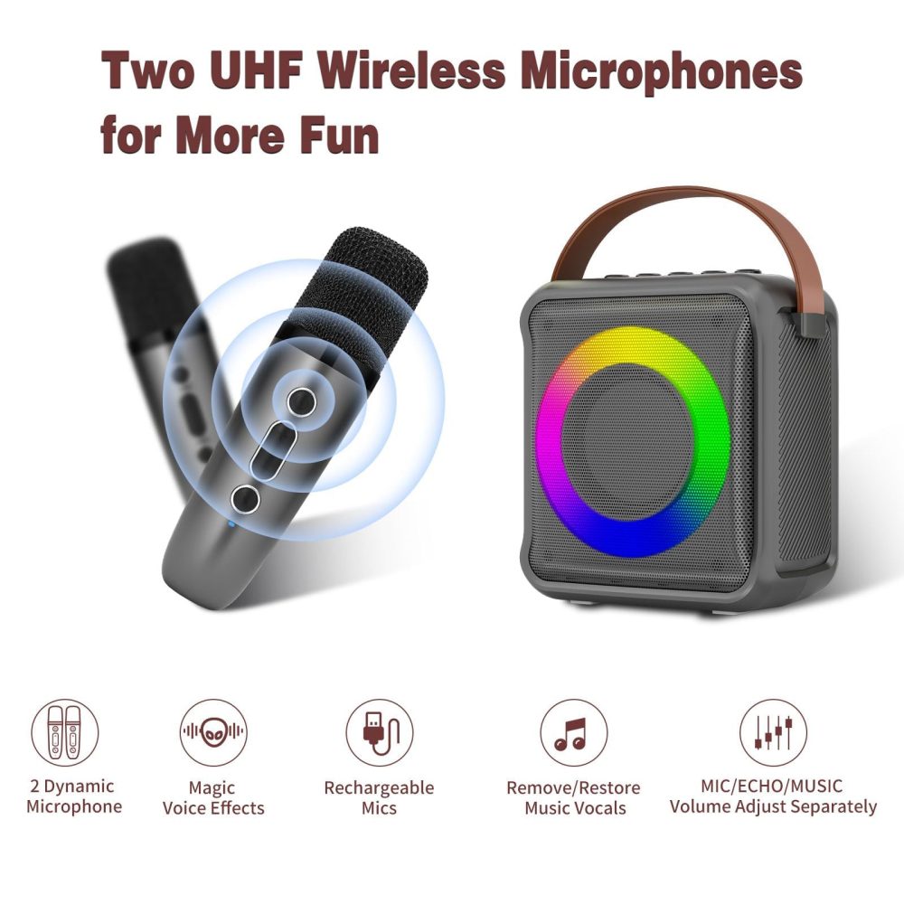 Ankuka Karaoke Toys for Kids & Adults with 2 Microphones, Portable Karaoke Machine with LED Light and Voice Changing Effects, Gifts for Age 3-18 Kids Boys Girls Families Birthday Party (Silver) - Image 5