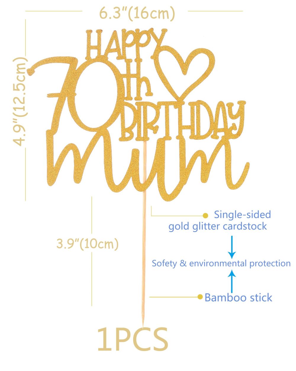 Happy 70th Birthday Mum Cake Topper - Mom Birthday Mother's Party Decorations Supplies， Gold Glitter 70th Birthday Cake Decoration - Image 2