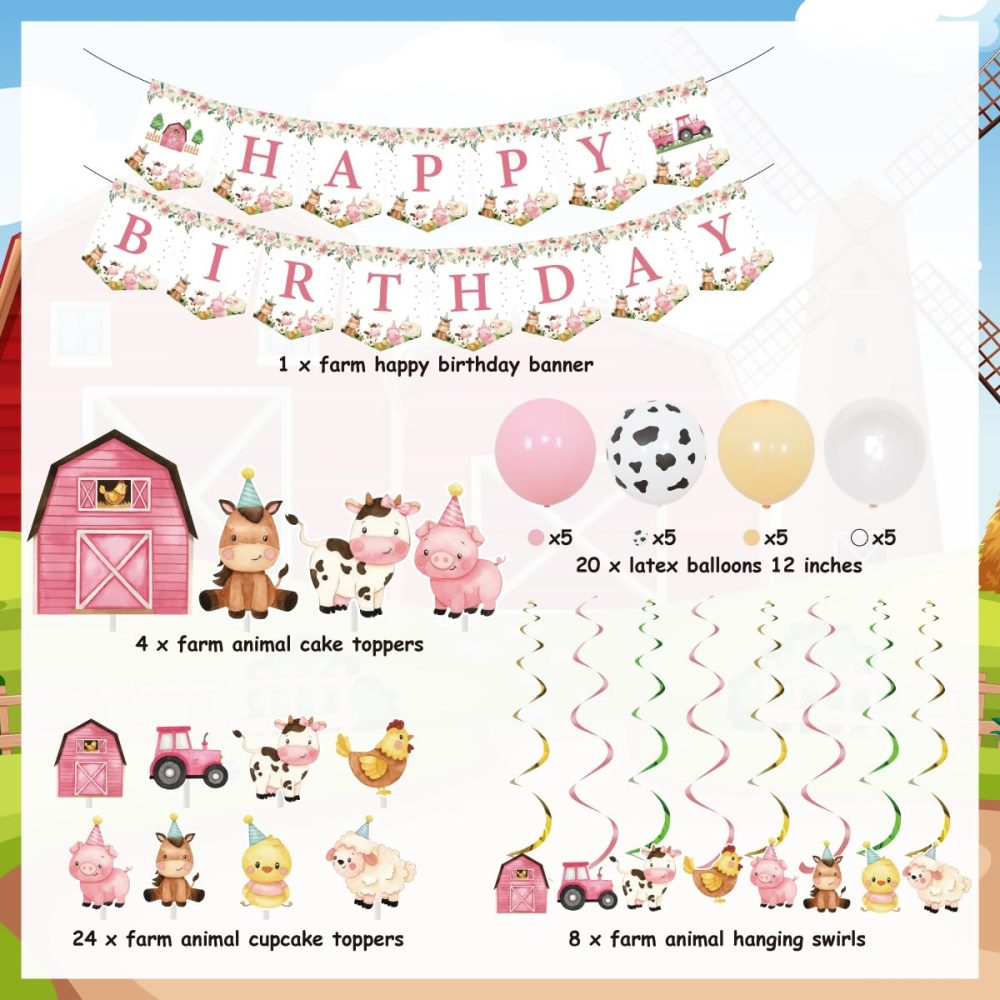 Kreatwow Pink Farm Animals Birthday Decorations for Girls Farmhouse Floral Theme Happy Birthday Banner Cow Pig Donkey Balloons Hanging Swirls Cake Cupcake Toppers for Kids Barnyard Theme Bday Party - Image 2