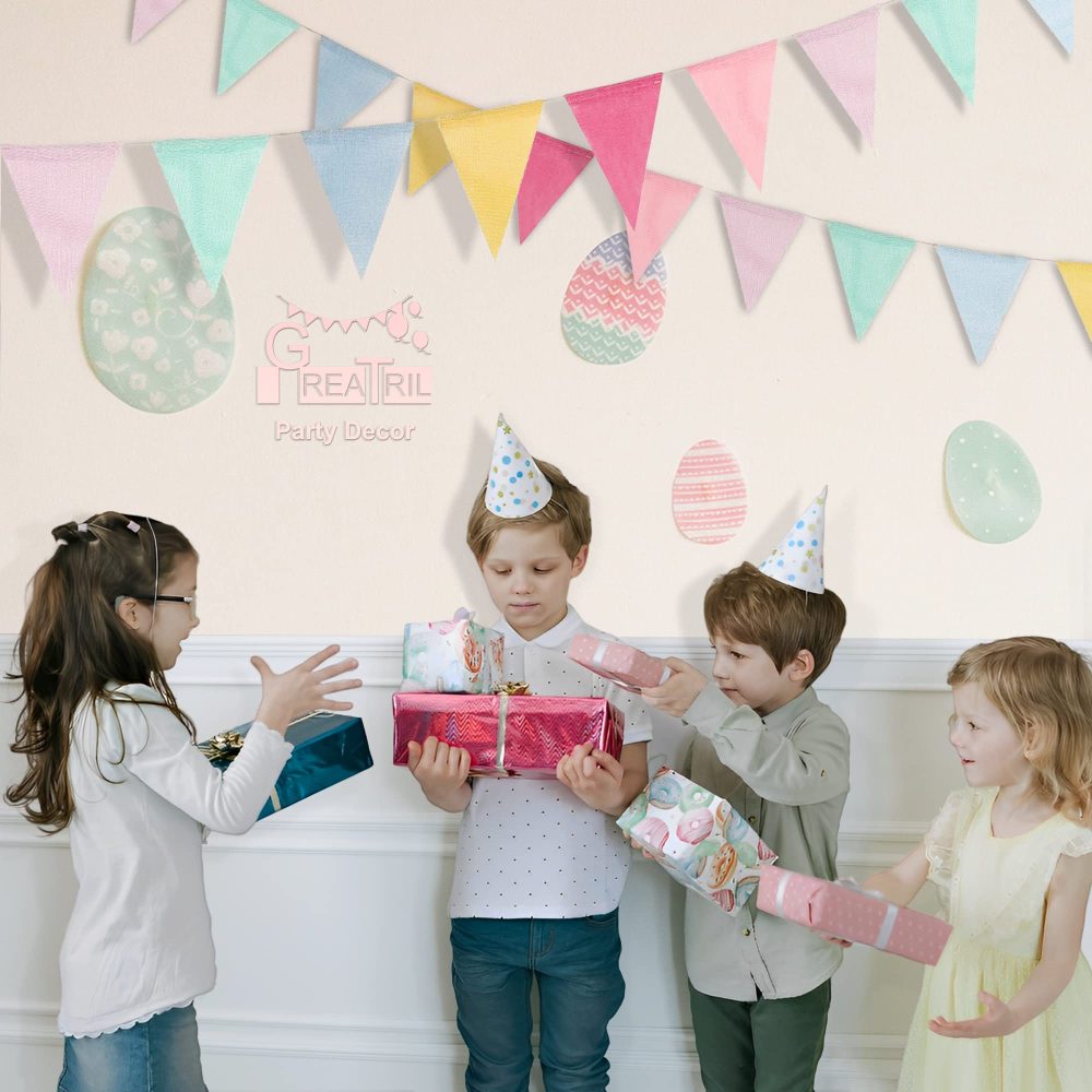 Bunting Fabric Pastel Rainbow - GREATRIL Bunting Outdoor Waterproof for Birthday Spring Easter Classroom School Garden Festival Carnival Graduation Indoor Garlands Party Decorations 48 Flags - Image 2