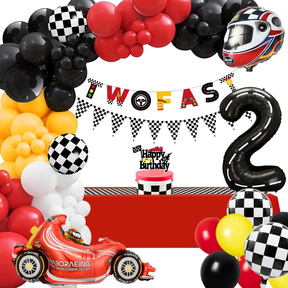 Race Car 2nd Birthday Decorations Boys, Two Fast Birthday Decorations, Racing Cars Birthday Decorations for Kids, Number 2 Balloon Tablecloth Race Car Birthday Party Supplies for 2 year old Baby