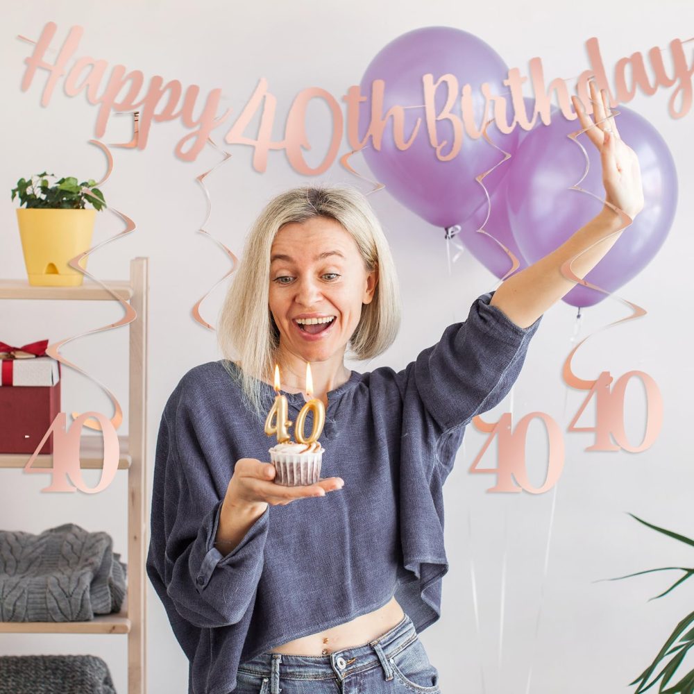 Happy 40th Birthday Banner Decoration Rose Gold Happy 40th Birthday Banner Bunting Hanging with Swirls for Women Lady 40 Years 0ld Anniversary Home Ceiling Outdoor Garden Decorations Party Supplies - Image 3