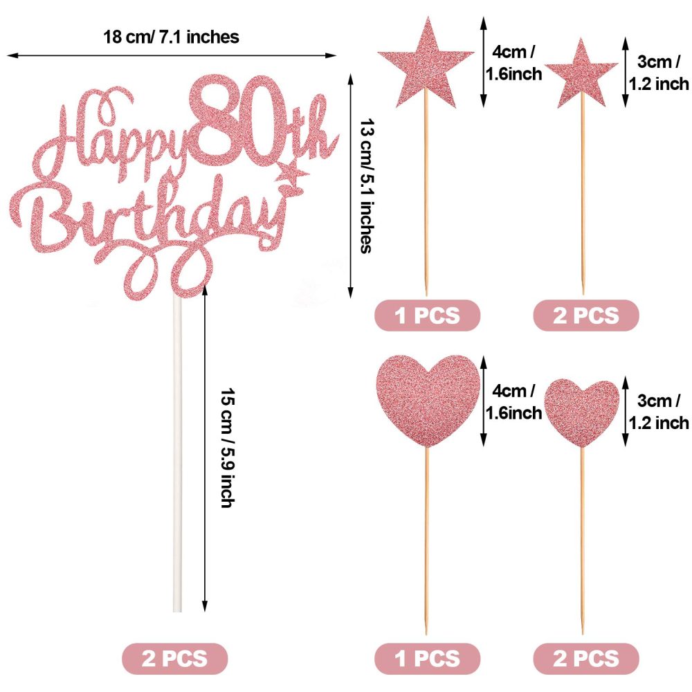 Boao 80th Birthday Cake Toppers for Ladies Women, Happy 80th Birthday Cake Topper with Star Heart Cake Topper 80th Birthday Cake Decorations for Birthday Party Cake Supplies, Rose Gold - Image 7
